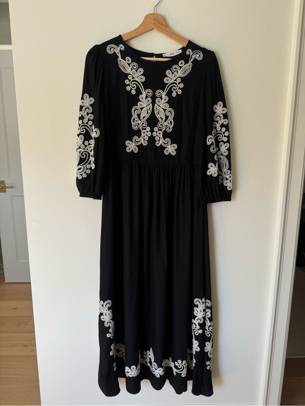 Mango Black Maxi Dress with Intricate White Embroidered Design SM-pockets!